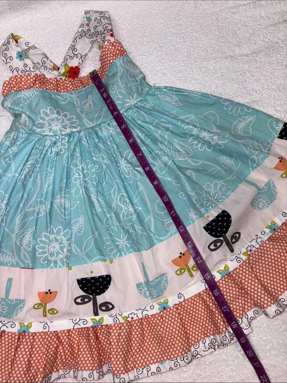 Jelly The Pug Aqua Floral Tiered ruffle Sundress Orange Trim full skirt 2t